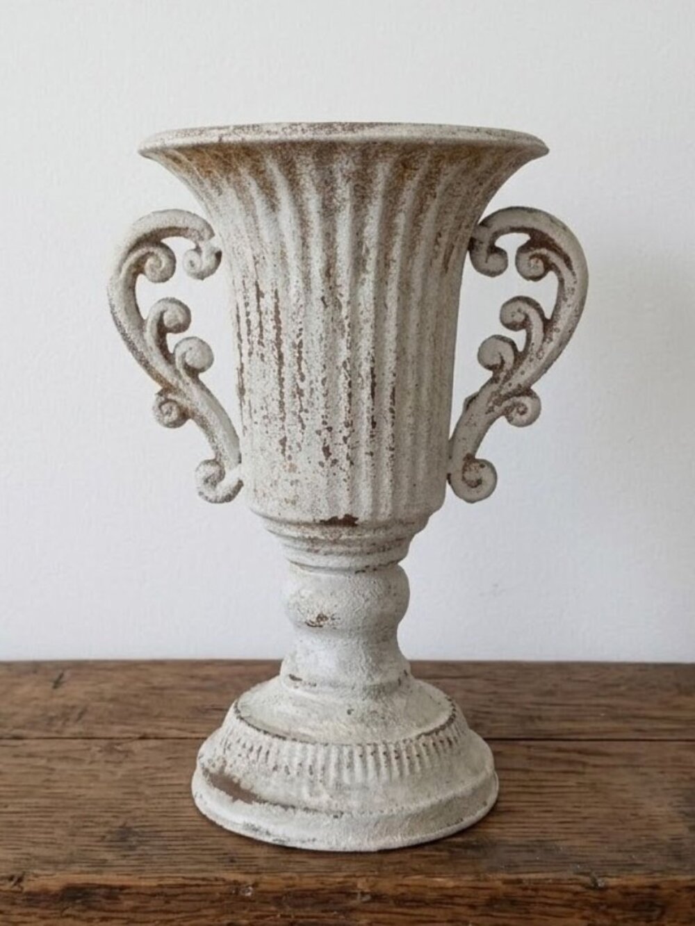 French Country Pedestal Urn Planter Aged White Metal Cottagecore Distressed Vase
